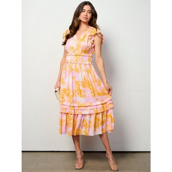 💕CURRENT AIR💕 Ruffle Sleeve V-Neck Elastic Waist Dress Floral Print Large NWT - Picture 2 of 16